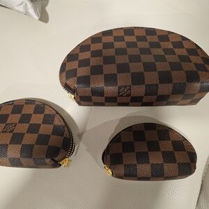 Checkered Brown Cosmetic Pouch Set